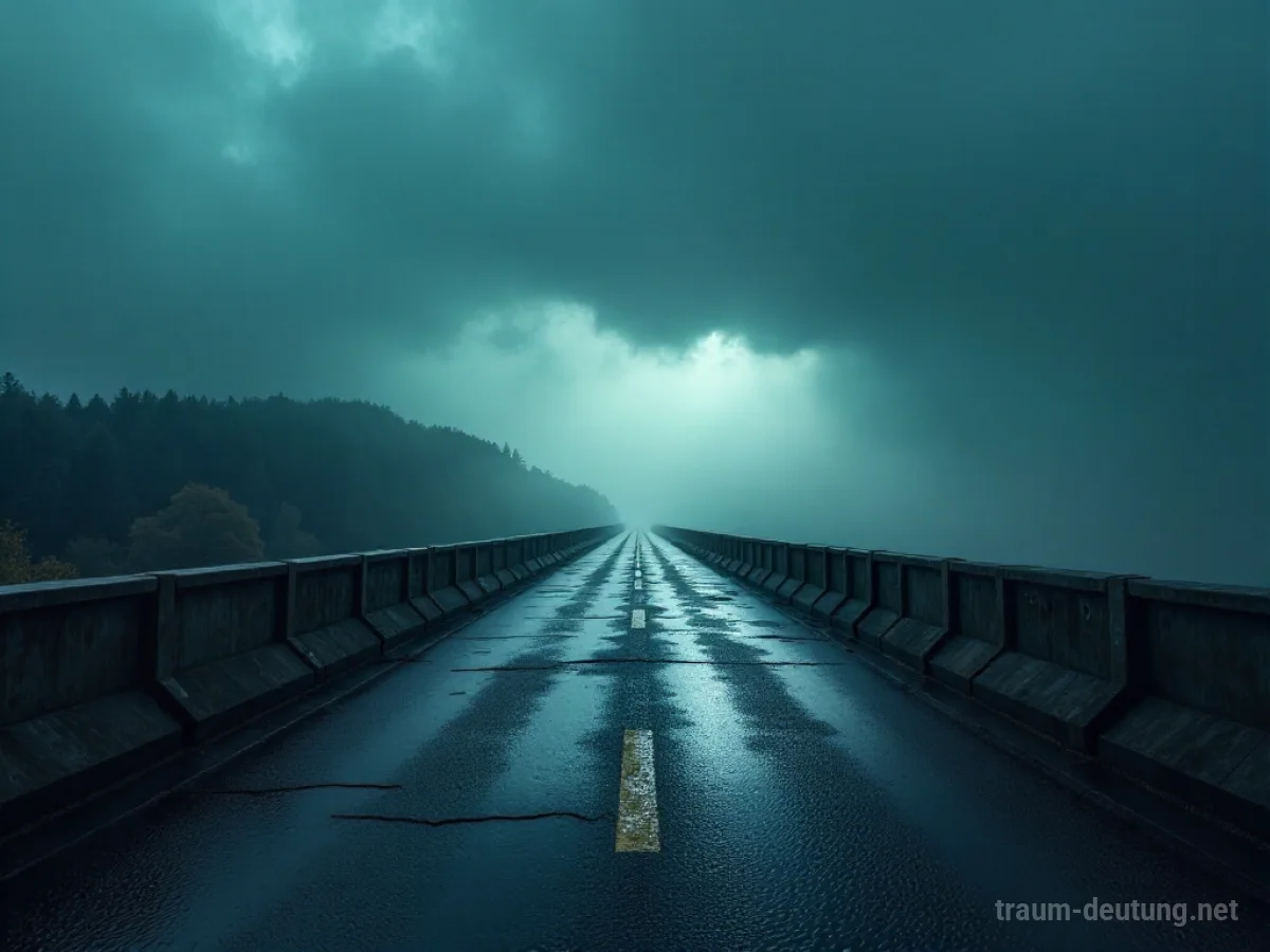 Eine durchbiegende Brücke unter schwerem Himmel, die auf Instabilität und Belastung hinweist.