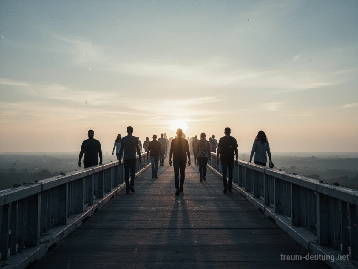Viele Menschen gehen gemeinsam über eine weite Brücke auf einen hellen Horizont zu.