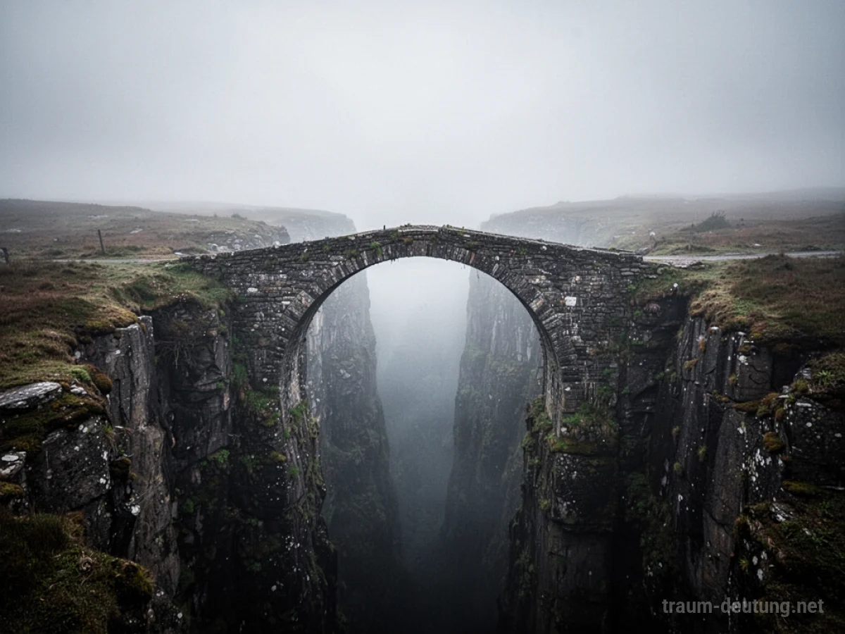 Eine schmale Brücke führt über einen tiefen Abgrund unter grauem Himmel.