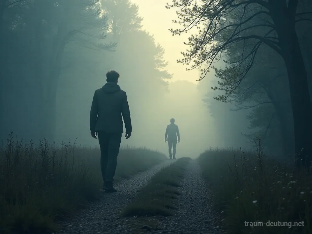 Eine Person steht überrascht auf einem Weg, eine andere Gestalt tritt aus dem Nebel.