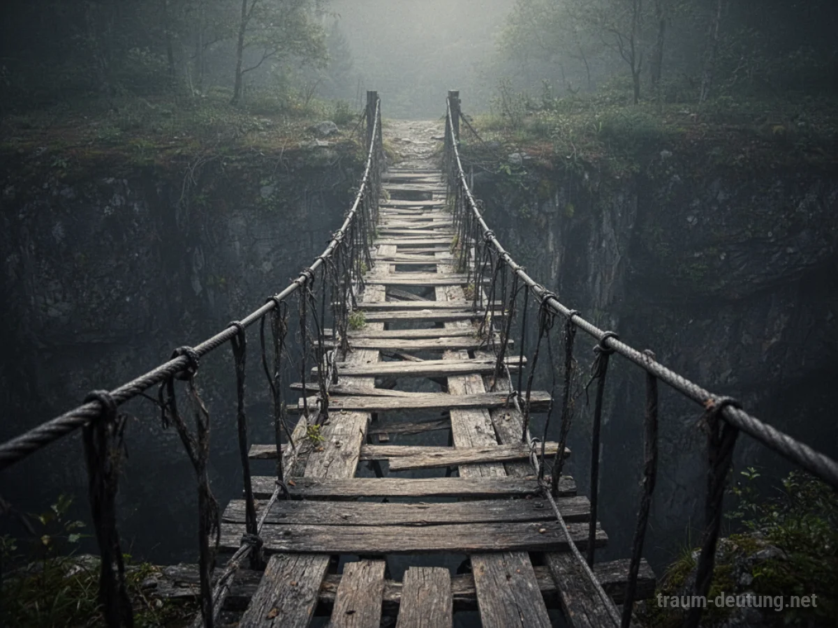 Eine schmale, wackelige Holzbrücke über einer nebligen Schlucht.