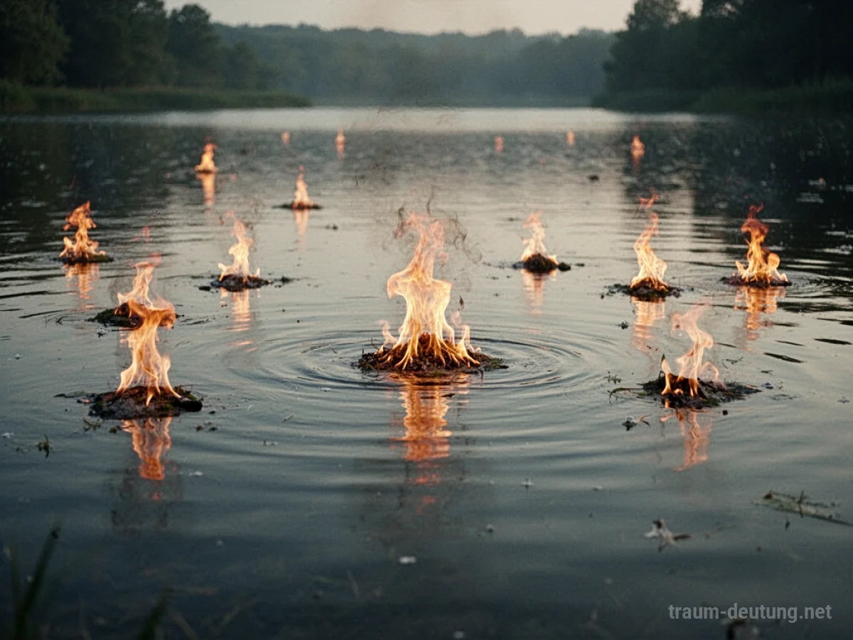 Kleine Flammen brennen ruhig auf der Oberfläche von Wasser.