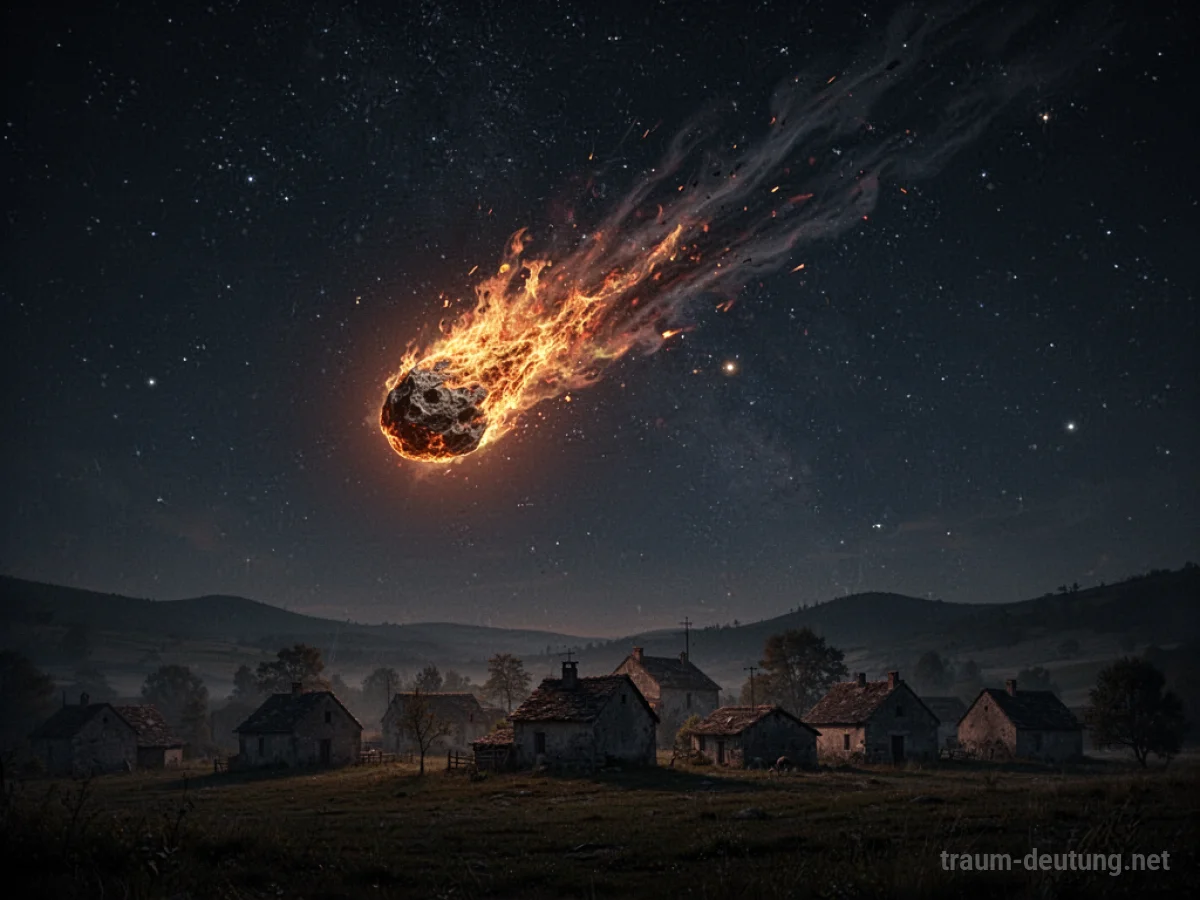 Ein feuriger Meteor fällt vom dunklen Sternenhimmel auf ein kleines Dorf.