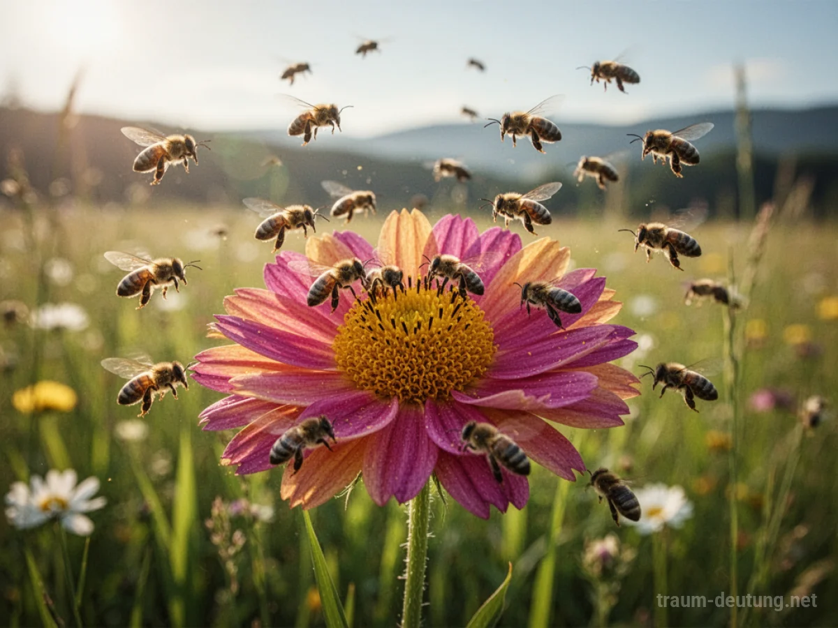 Friedliche Bienen sammeln Nektar von einer großen Blume auf einer sonnigen Wiese.