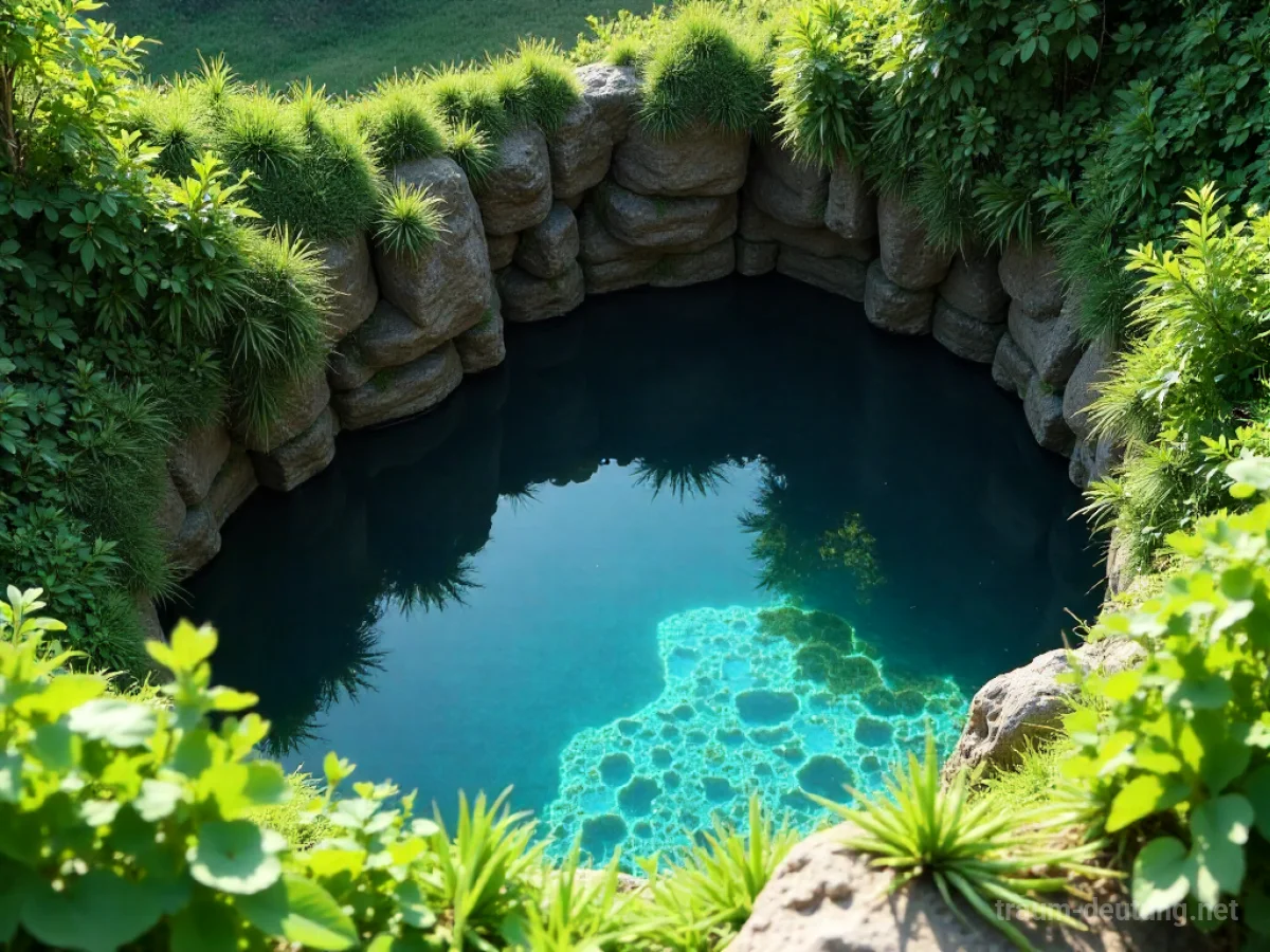 Klarer Brunnen mit sauberem Wasser in grüner Umgebung