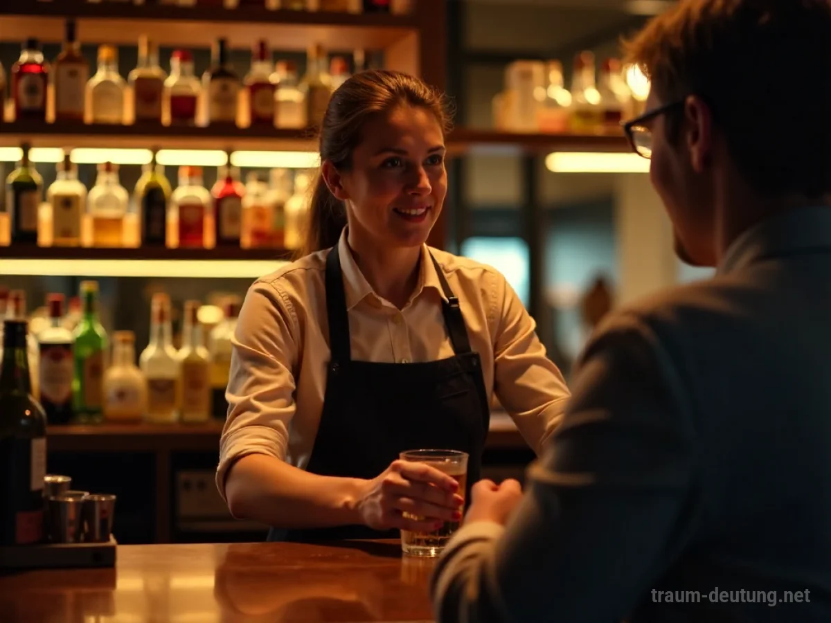 Freund als Barkeeper hinter einer Bar, der ein Getränk serviert.