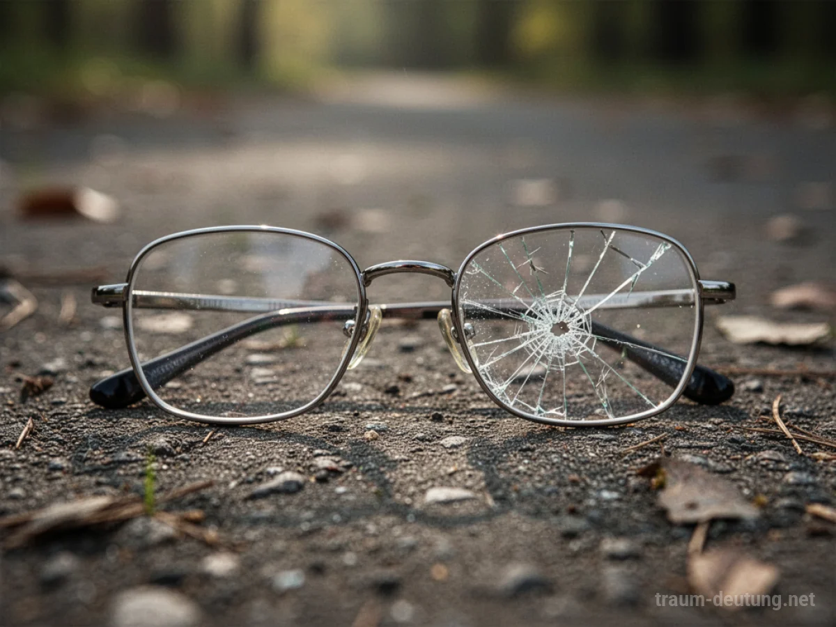 Kaputte Brille liegt am Boden, eine Linse ist gesprungen.
