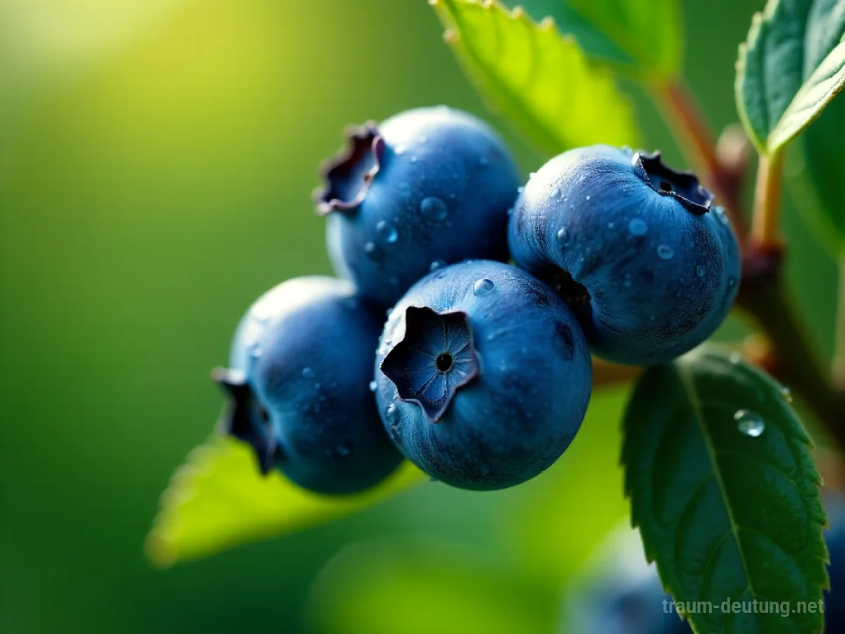 Reife, glänzende Blaubeeren im Sonnenlicht auf einem grünen Blatt.