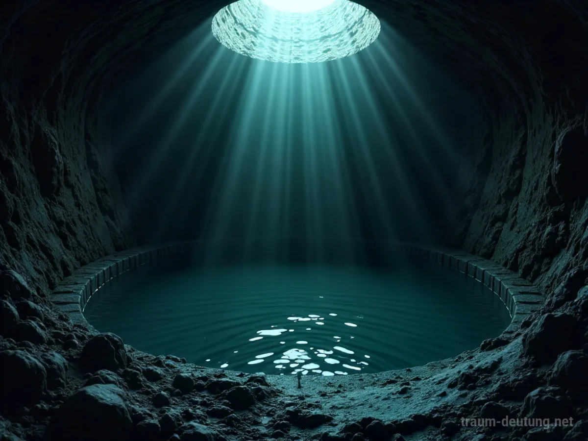 Ein trüber Brunnen mit dunklem Wasser, ein Lichtstrahl dringt von oben ein.