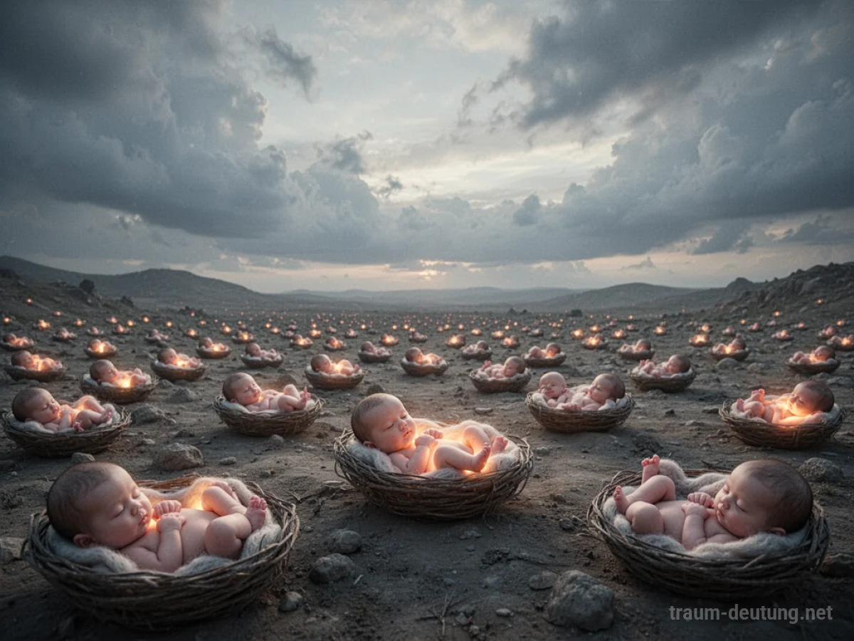 Viele kleine Babys in einer surrealen Landschaft unter einem bewölkten Himmel.