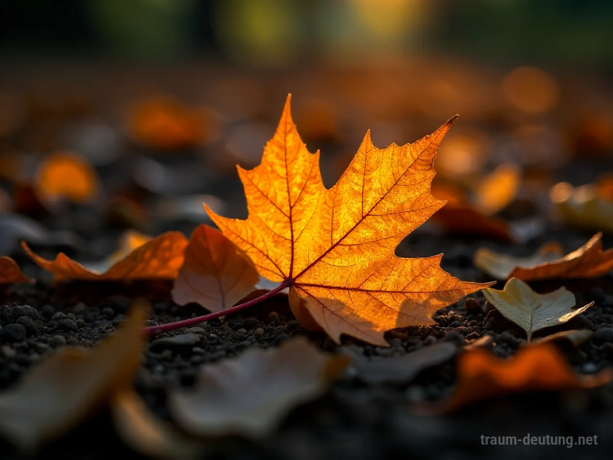 Ein Blatt, das im Traum golden leuchtet inmitten anderer Blätter.