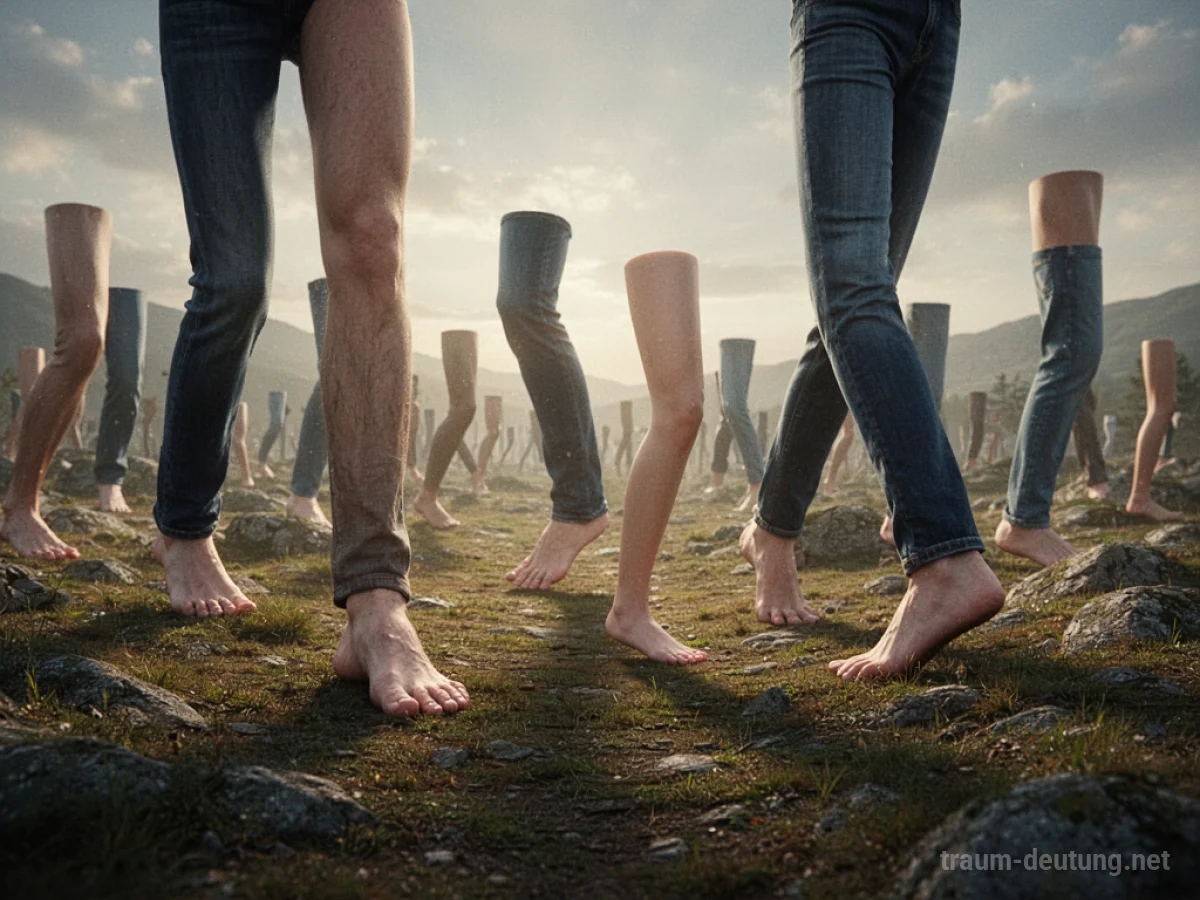 Viele verschiedene Beine, die in alle Richtungen auf einem surrealen Boden laufen