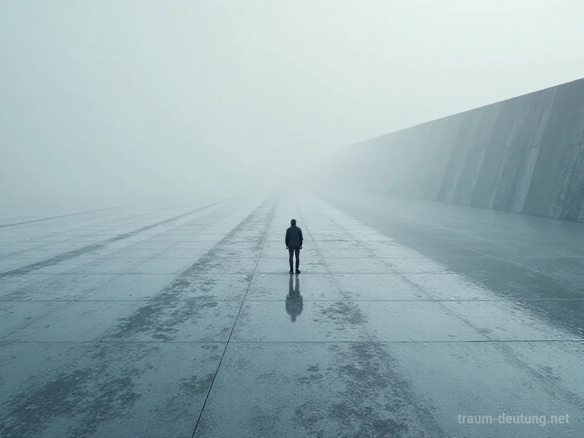 Menschliche Silhouette steht allein auf einer endlosen Fläche aus grauem Beton.