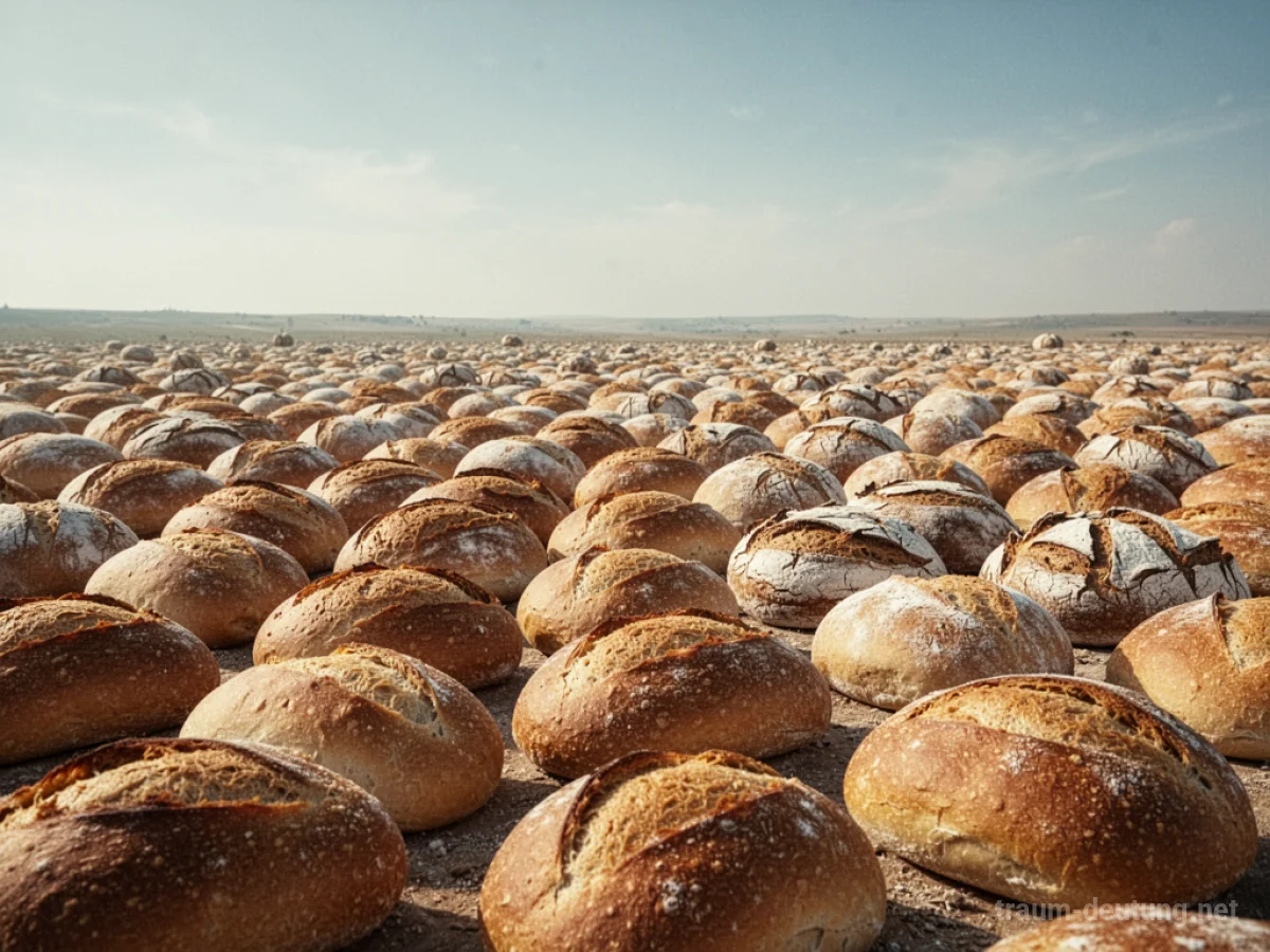 Brotlaibe liegen verstreut auf einer weiten Wiese unter blauem Himmel.