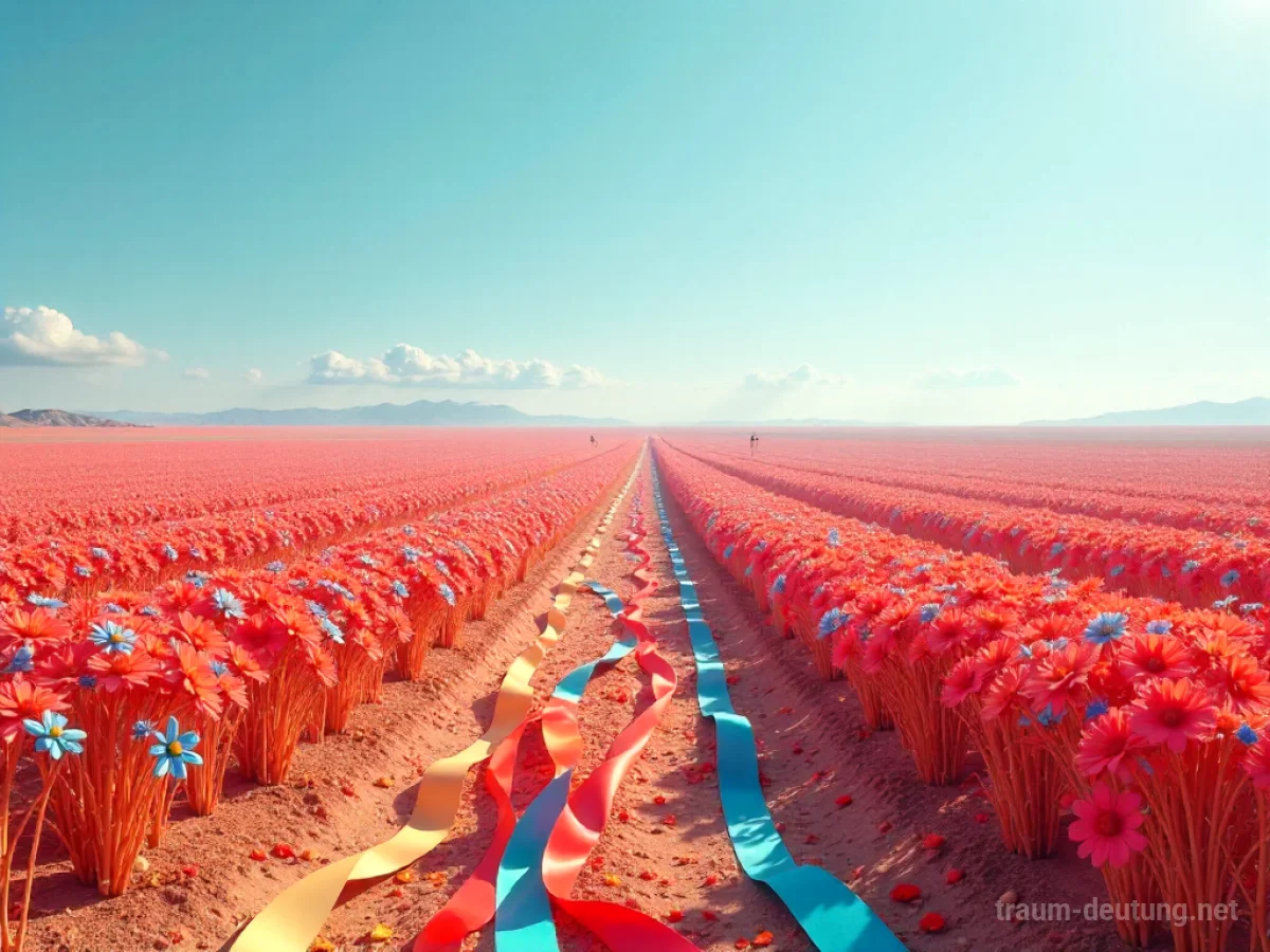 Ein weites Feld, bedeckt mit bunten Bändern, die sich bis zum Horizont erstrecken.