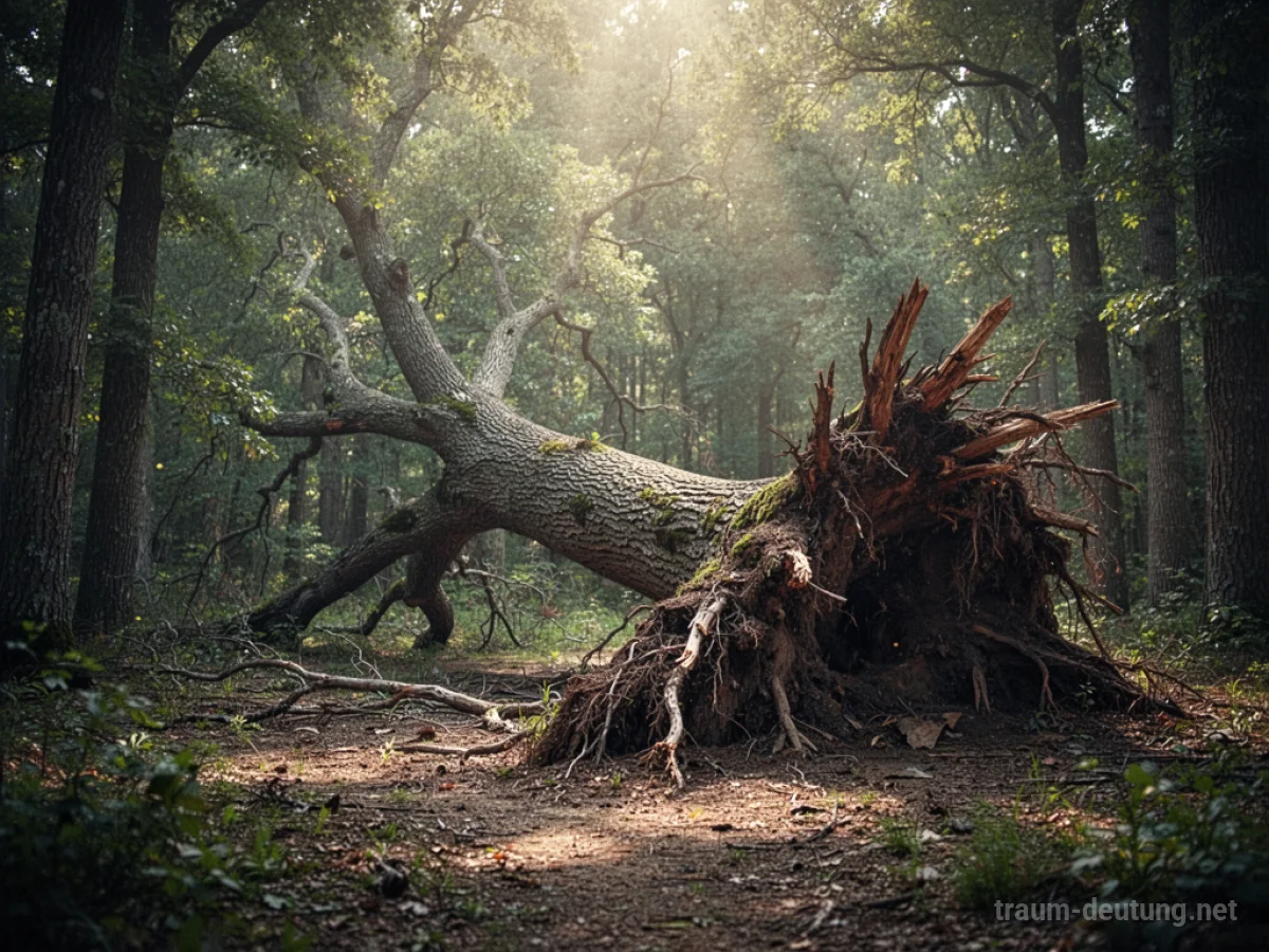 Umgestürzter Baum liegt mit Wurzeln nach oben auf Waldboden.