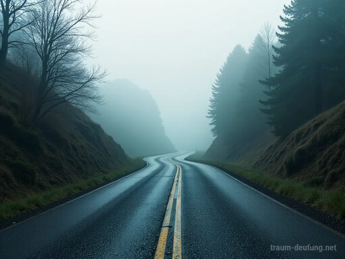 Eine gewundene Straße mit einer scharfen, unerwarteten Biegung, die im Nebel verschwindet.