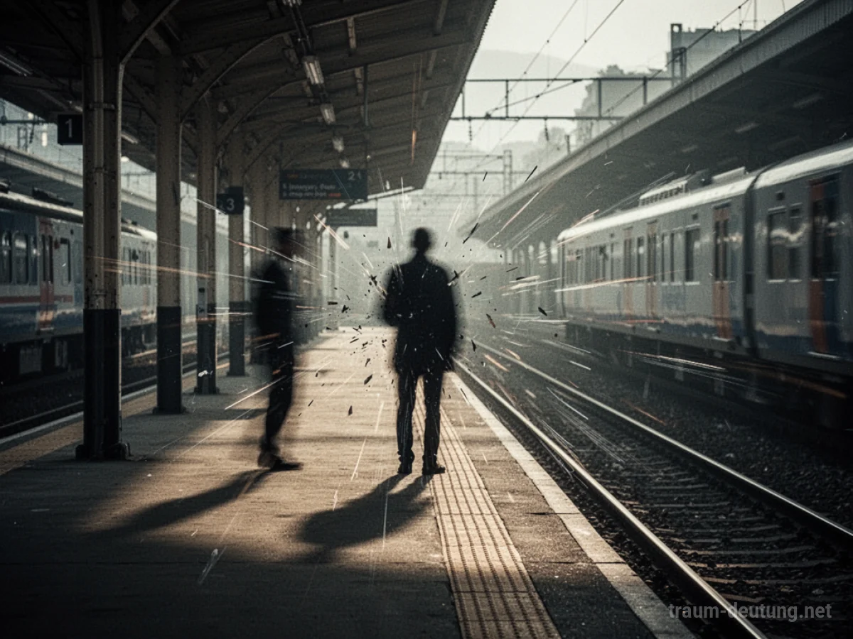 Eine unscharfe Gestalt am Bahnsteig eines Bahnhofs, symbolisiert eine unerwartete Gefahr.