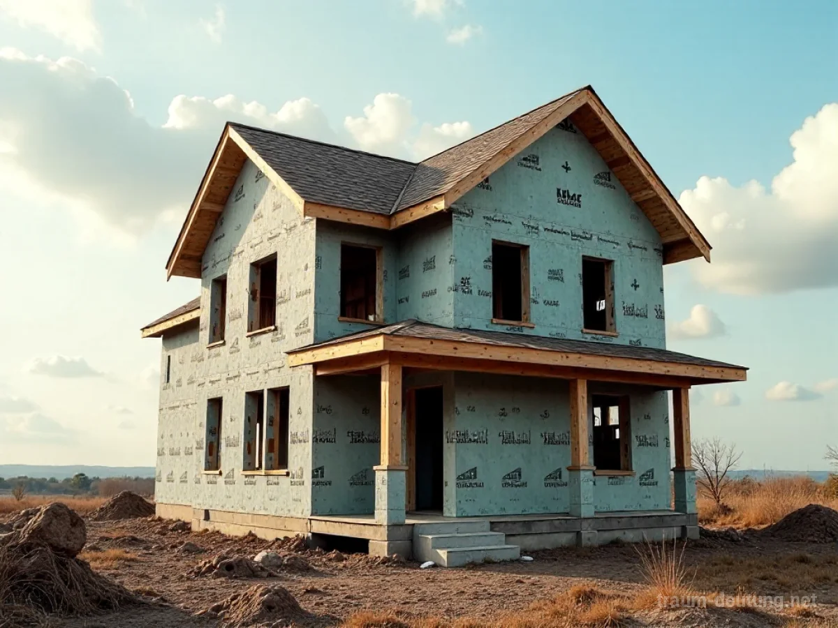 Unfertiges Haus als Baustelle mit sichtbaren Baumaterialien und Gerüsten.
