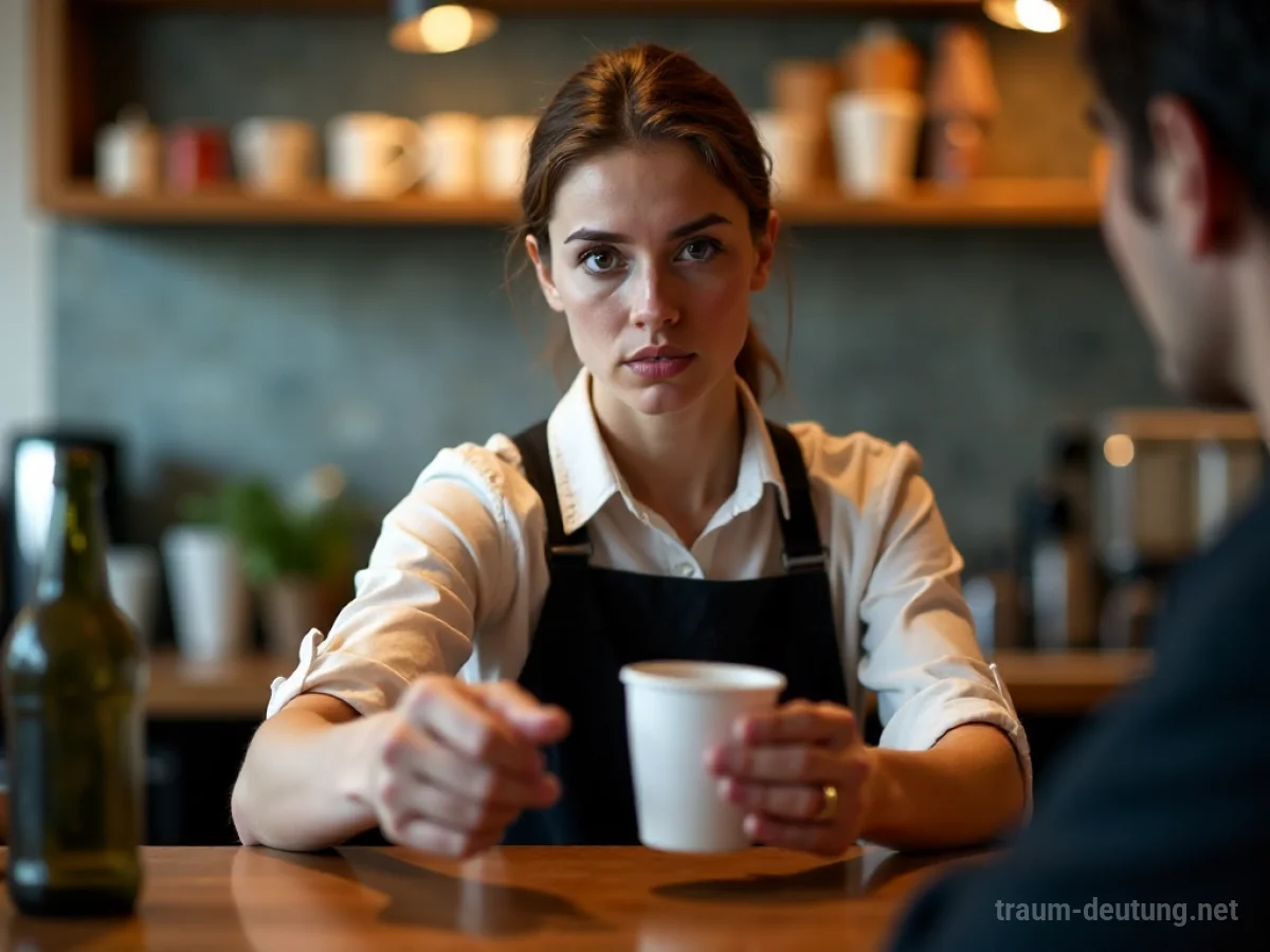 Barista mit strengem Gesichtsausdruck hinter einer Theke im Traum