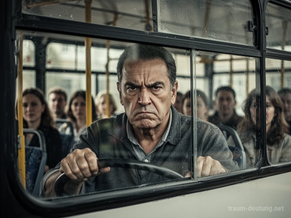 Busfahrer mit ernstem Gesichtsausdruck hinter dem Steuer