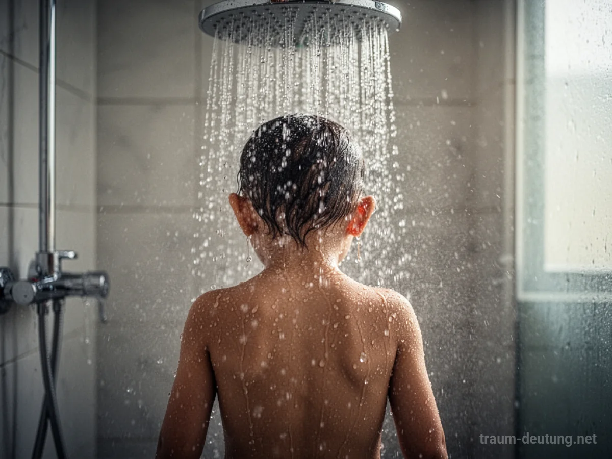 Person steht unter einer Dusche, Wasser fließt herab