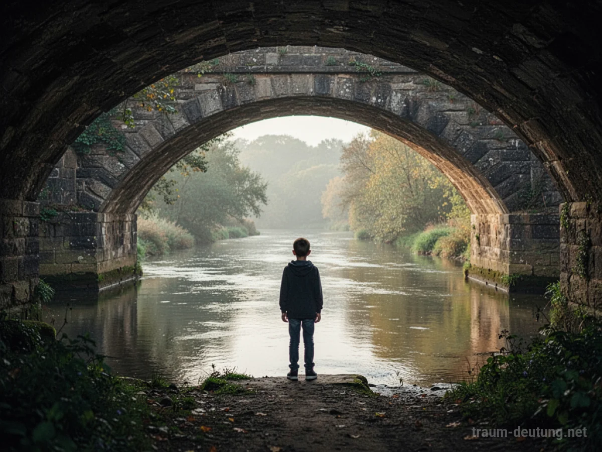 Eine Person steht unter einer alten Steinbrücke und blickt auf einen Fluss.