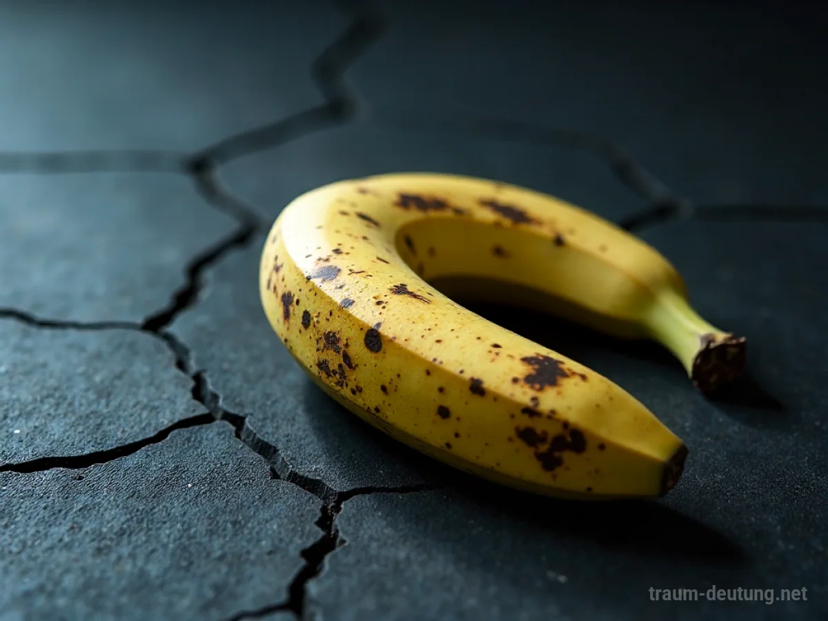 Eine einzelne verfaulte Banane liegt auf dunklem, rissigem Boden.