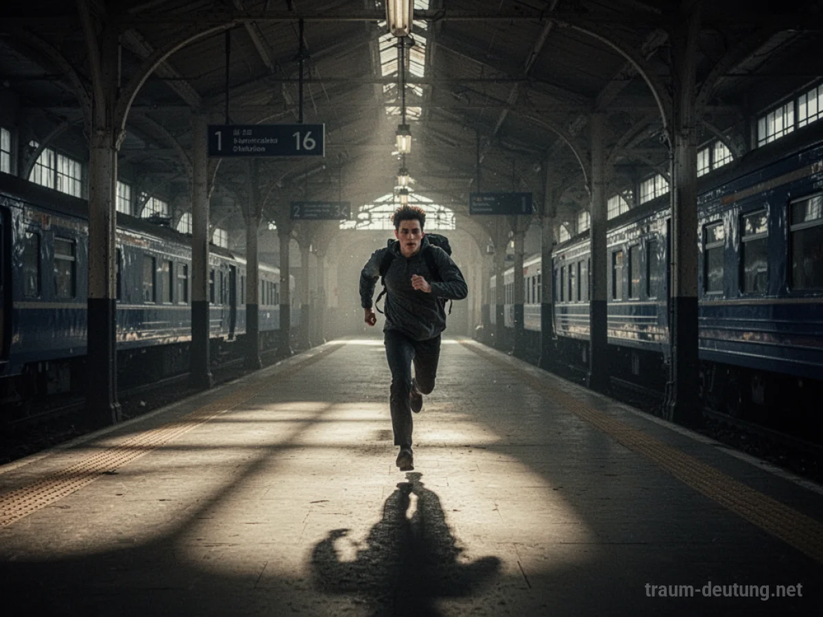 Eine Person rennt durch einen dunklen, verlassenen Bahnhof.