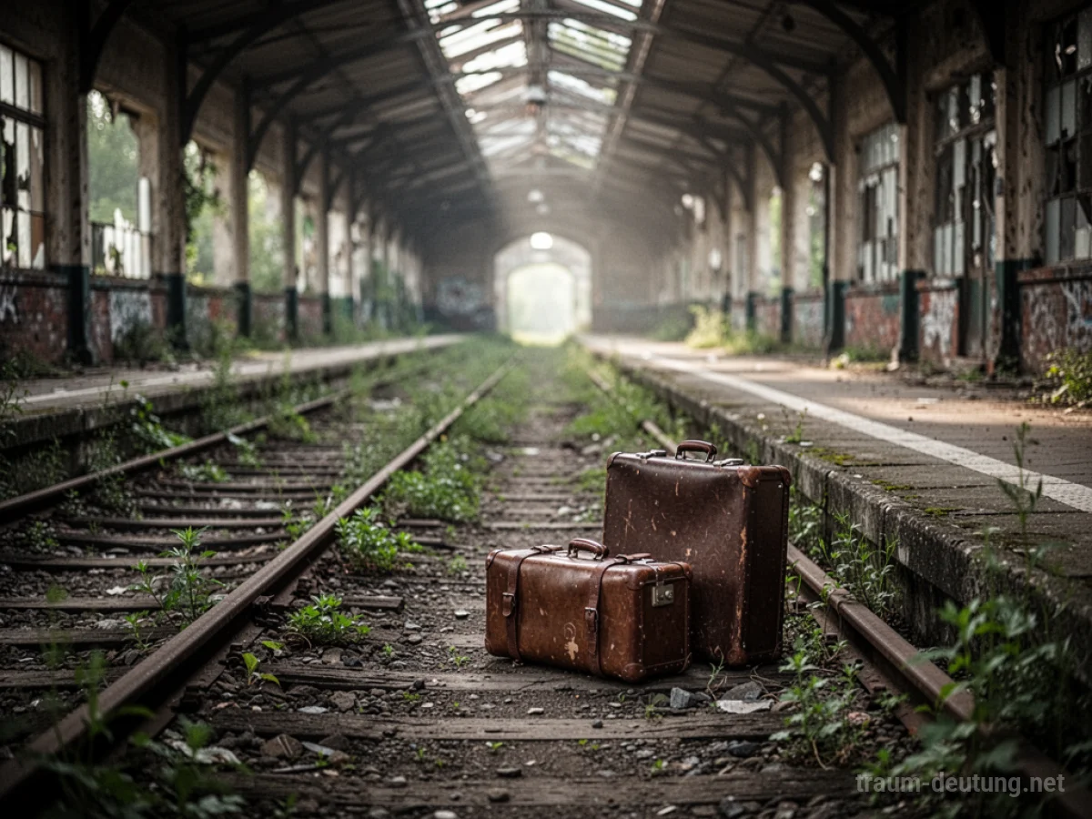 Ein verlassener Bahnhof mit alten Gleisen und einem Koffer.