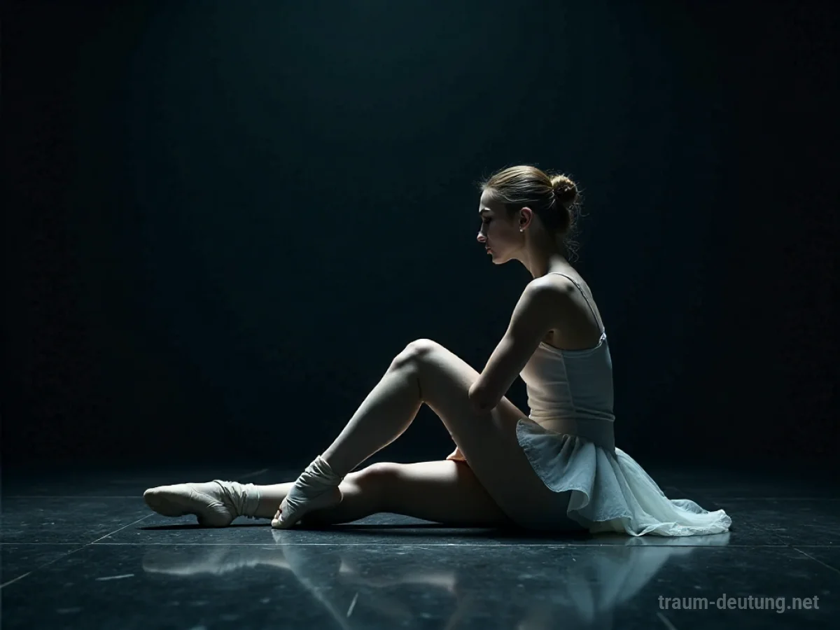 Verletzte Ballerina sitzt traurig auf einer Bühne.