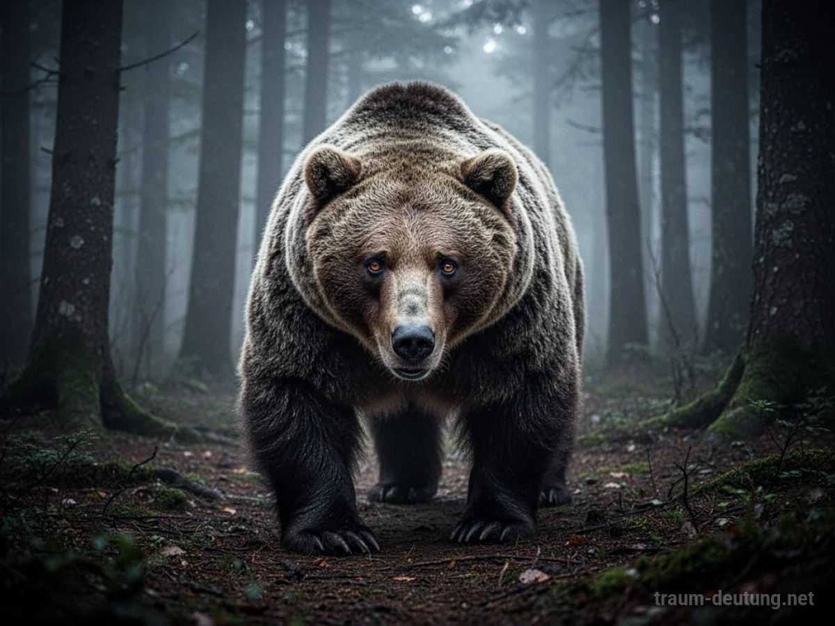 Ein verletzter Bär mit traurigen Augen im Nebelwald.