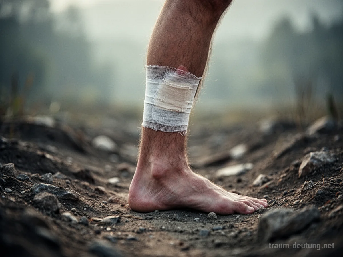 Ein verletztes Bein mit Verband auf unebenem Boden.