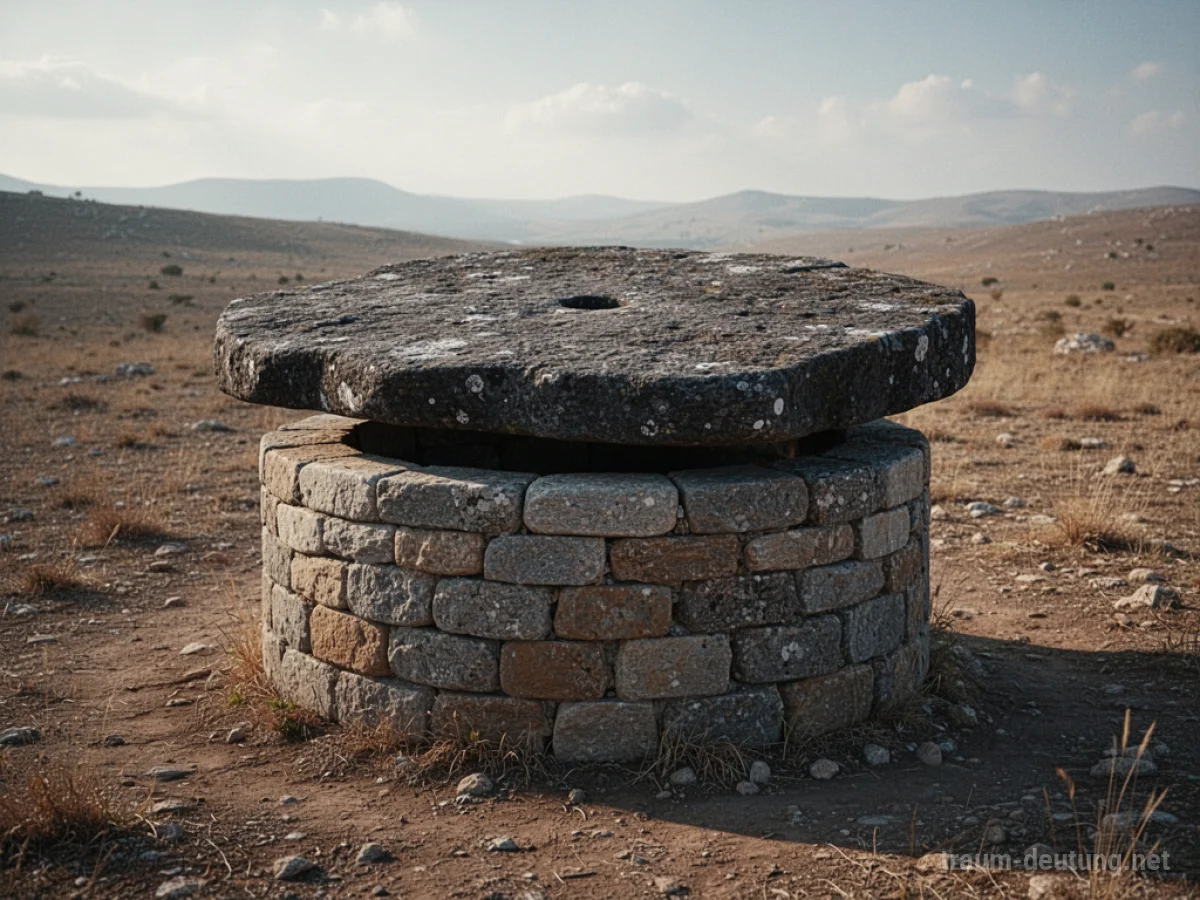 Ein versiegelter Brunnen, dessen Öffnung mit einer schweren Steinplatte abgedeckt ist.