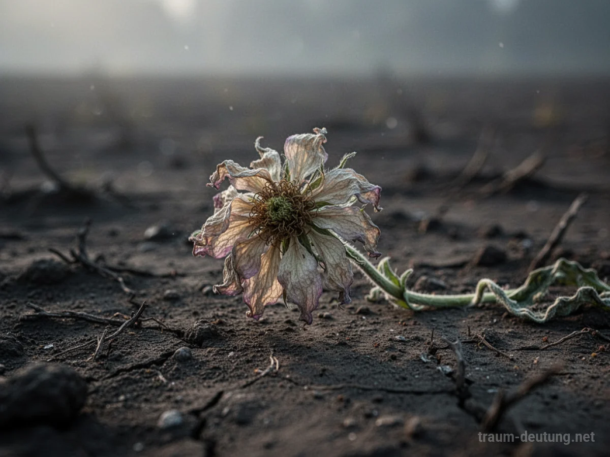 Eine einzelne verwelkte Blume liegt auf trockenem Boden.