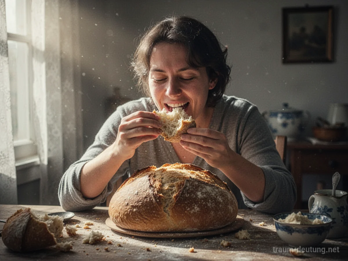 Eine Person isst genüsslich ein Stück Brot am Tisch.