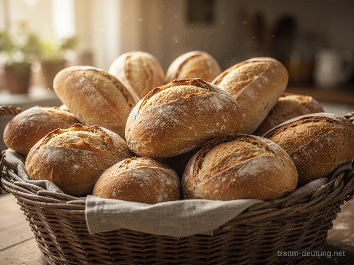 Ein überquellender Korb mit frischem Brot, beleuchtet von goldenem Licht.