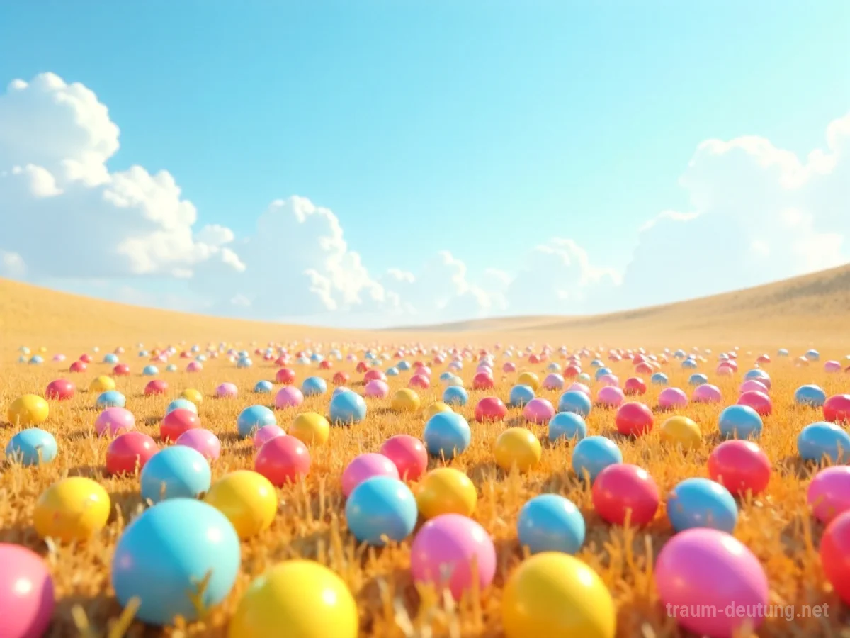 Viele bunte Bälle liegen auf einer großen, offenen Wiese.