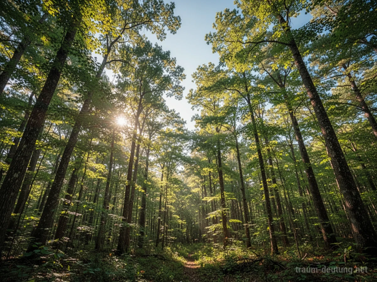 Viele hohe Bäume in einem sonnigen Wald, Sonnenlicht fällt durch das Blätterdach.
