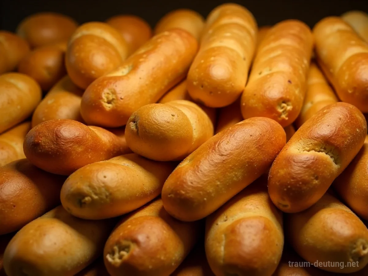 Viele frisch gebackene Baguettes liegen gestapelt übereinander.