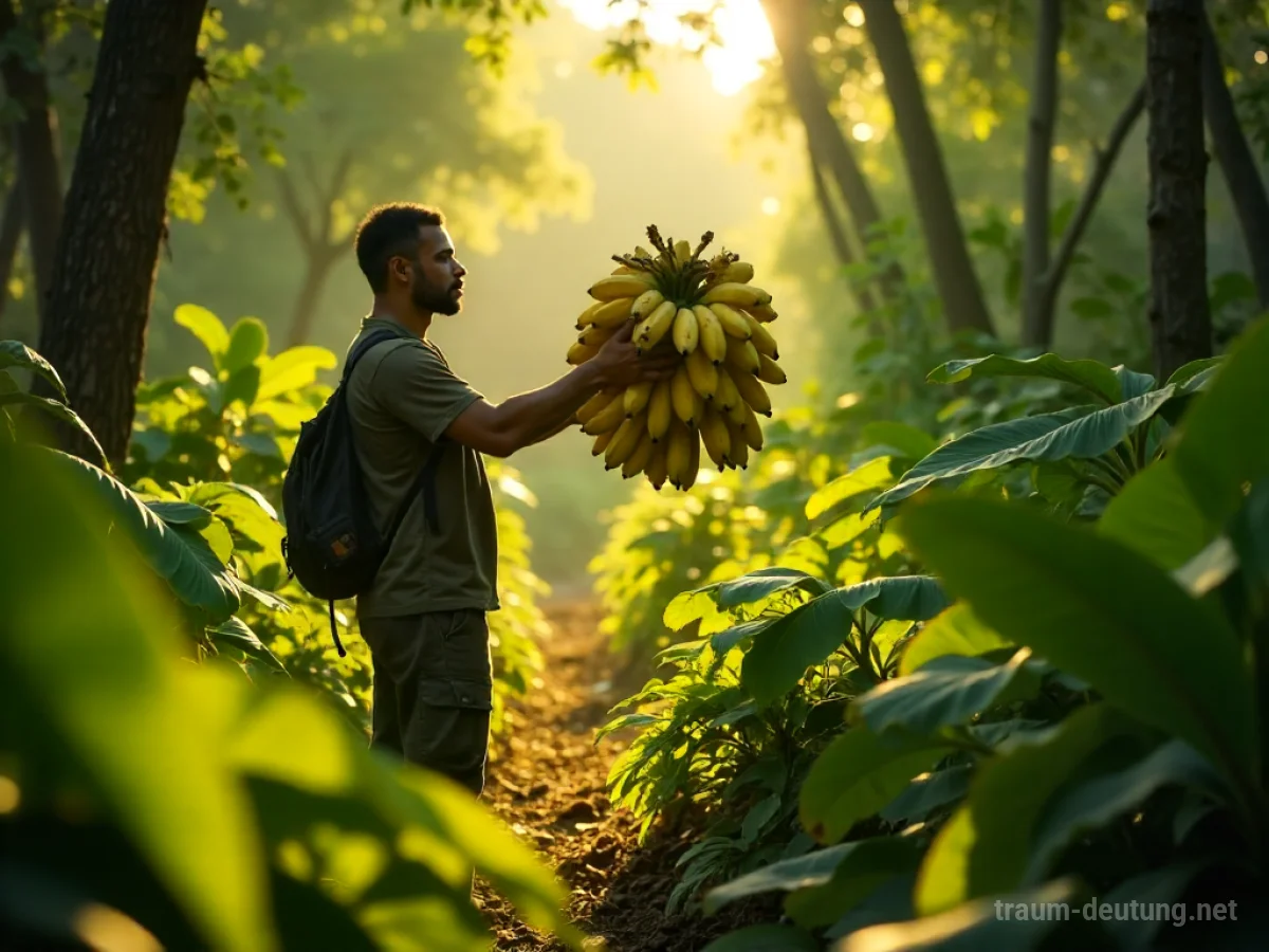 Eine Person findet einen großen Bund reifer Bananen in einer sonnigen Dschungellichtung.