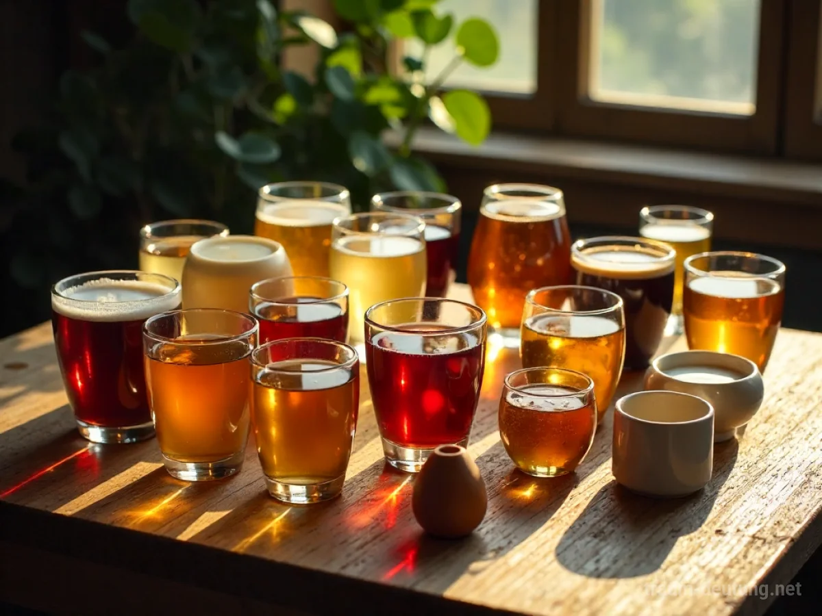 Viele verschiedene Becher und Kelche auf einem Tisch angeordnet