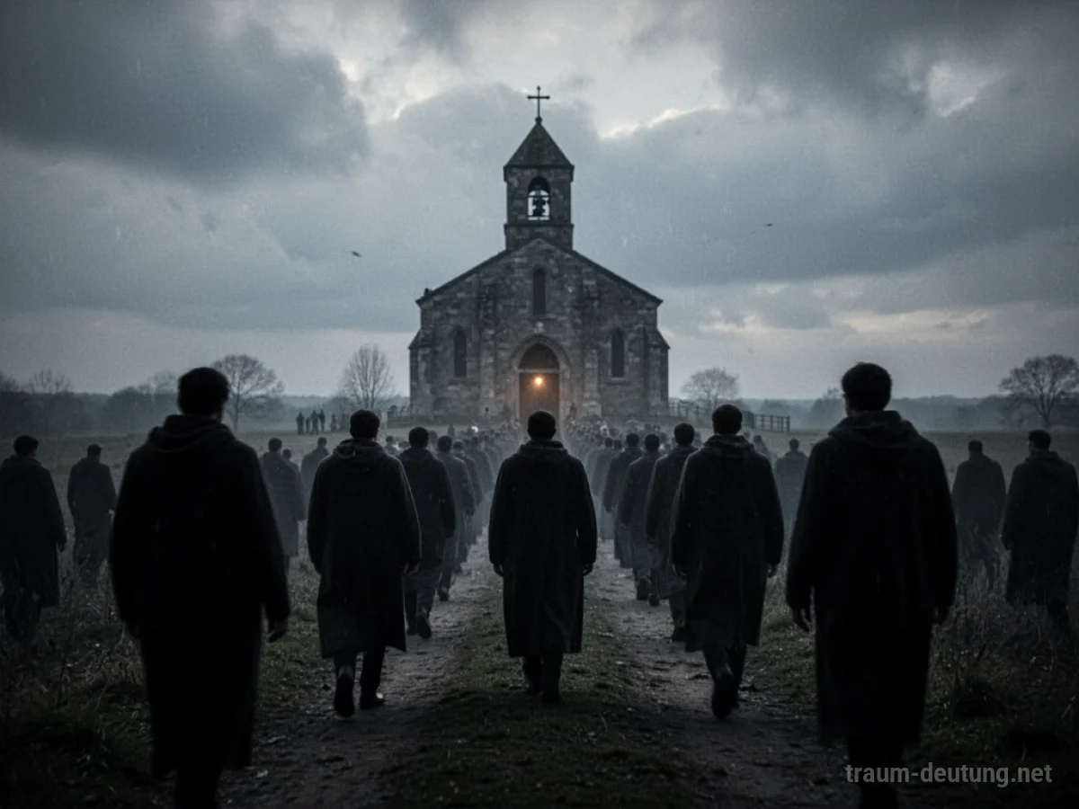Viele Trauernde in Silhouette auf dem Weg zu einer Kirche unter bewölktem Himmel.