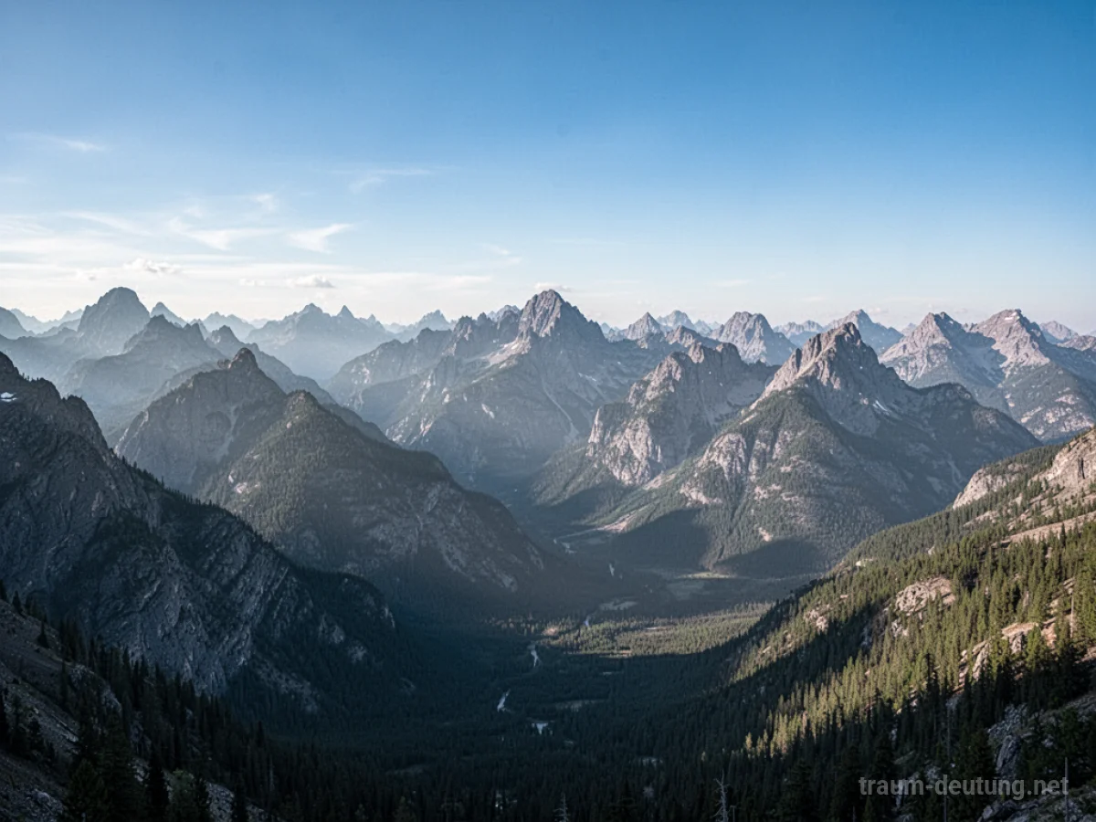 Viele hohe Berge in einer weiten Landschaft unter blauem Himmel.