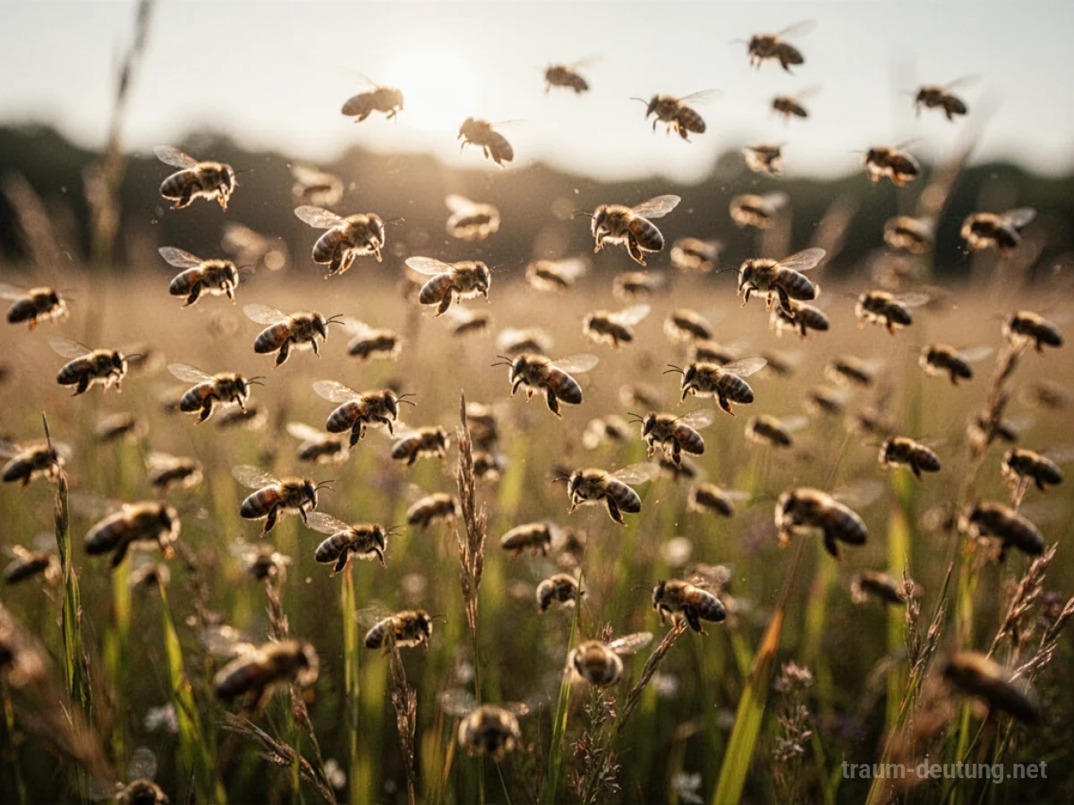 Ein großer Schwarm Bienen fliegt durch eine sonnenbeschienene Wiese.