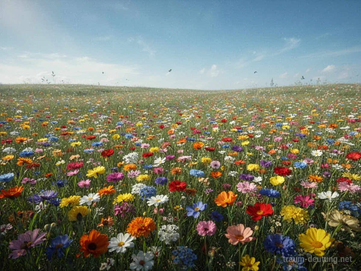 Weite Blumenwiese mit unzähligen bunten Blumen unter blauem Himmel.