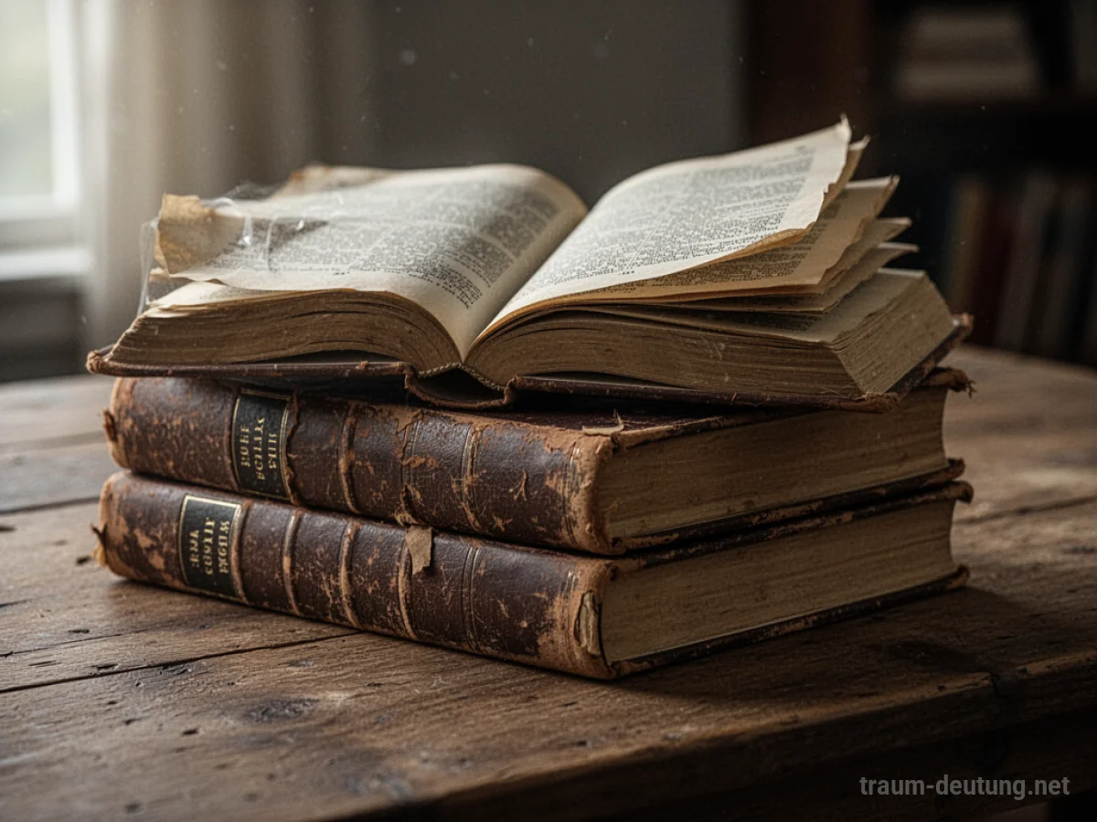 Viele alte Bücher stapeln sich auf einem Holztisch.