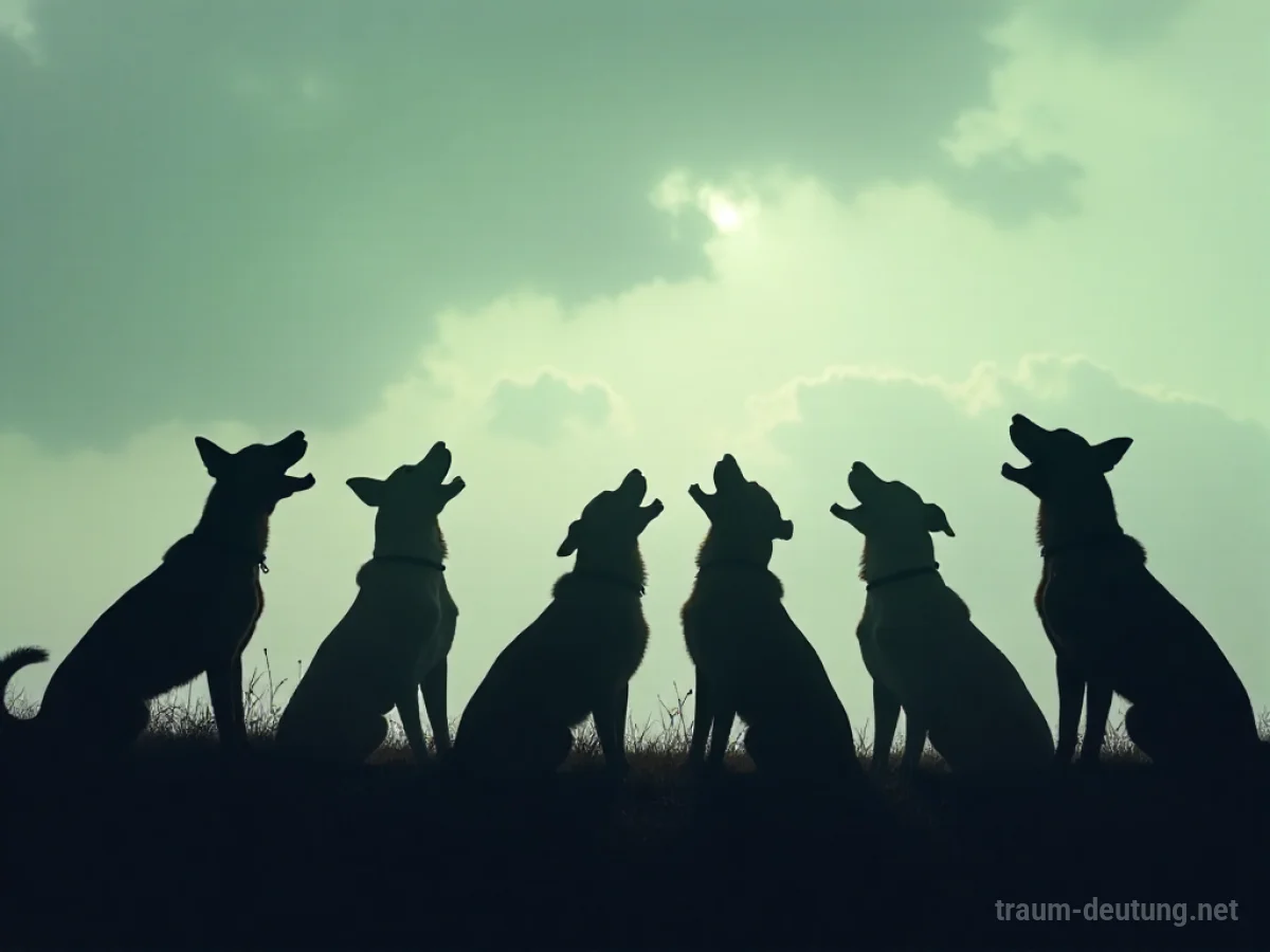 Silhouetten von vielen Hunden, die gemeinsam bellen, unter einem bewölkten Himmel.
