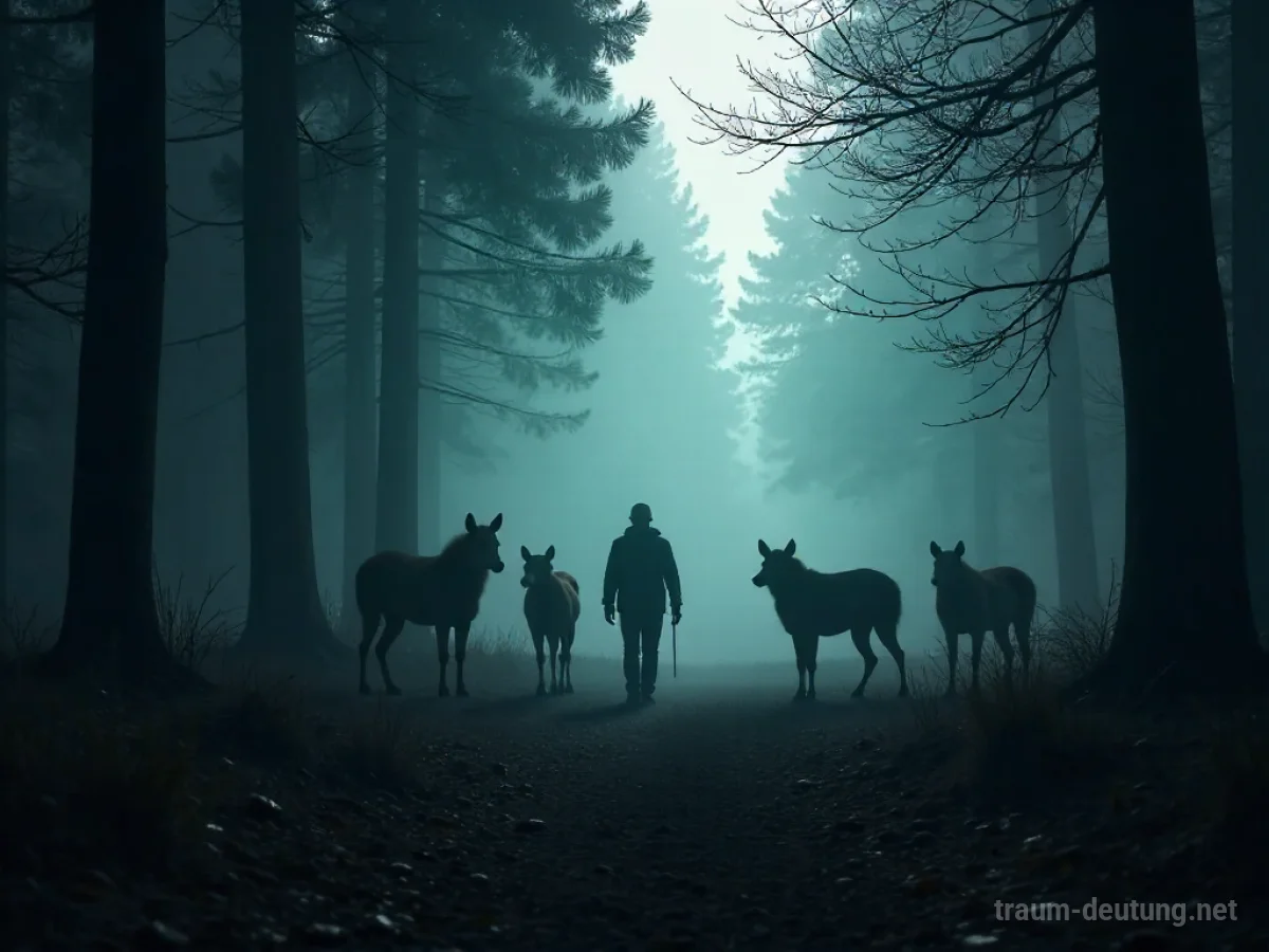 Schattenhafte Tierfiguren nähern sich einer menschlichen Silhouette in einem nebligen Wald.