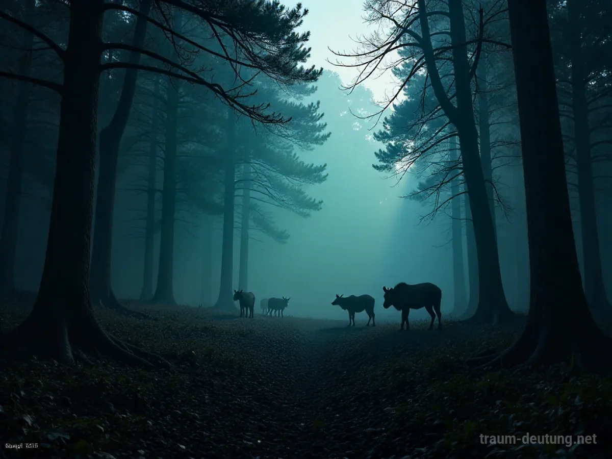 Schattenhafte Figuren vieler wilder Biester im dunklen Wald